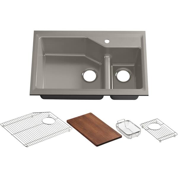 KOHLER Indio Smart Divide Undermount Cast-Iron 33 in. 1-Hole Double Bowl Kitchen Sink Kit in Cashmere