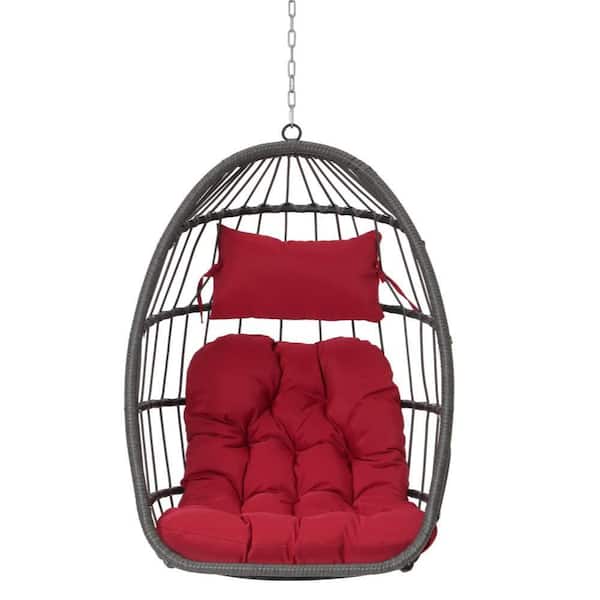 Angel Sar 1-Person Gray Frame Wicker Porch Swing Egg Chair Hanging Chair with Red Cushions