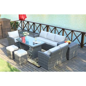 Cannes Variegated Grey 7-Piece Wicker Outdoor Sectional Set with Beige Cushions