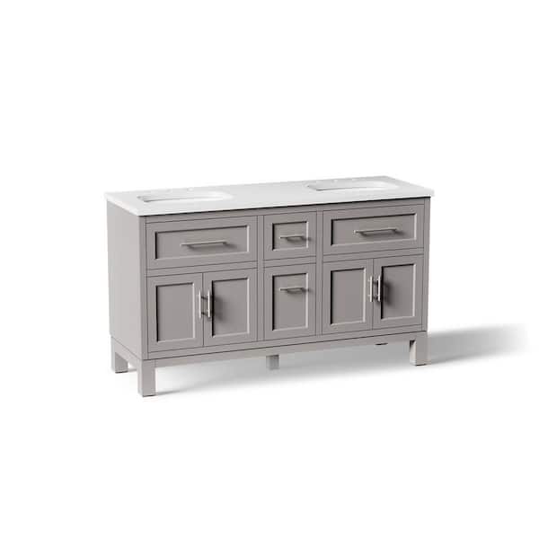 Quo 61in. Double Sink Freestanding Mohair Grey Bath Vanity with White Quartz Top Assembled