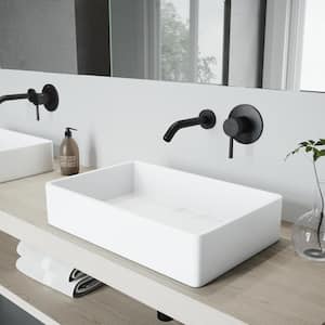 Matte Stone Magnolia Composite Rectangular Vessel Bathroom Sink in White with Faucet and Pop-Up Drain in Matte Black