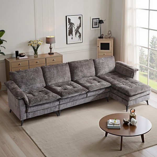 Double-Layer Cushion's Collection 130 in Wide Pillow Top Arm Chenille L-shaped Modern Sectionals Sofa in. Gray