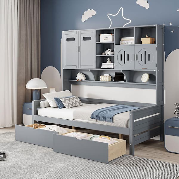 Gray Twin Size Wooden Daybed with All-in-One Cabinet, 2-Drawers and Shelf