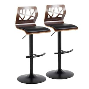 Folia 32.5 in. Black Faux Leather, Walnut Wood and Black Metal Adjustable Bar Stool (Set of 2)