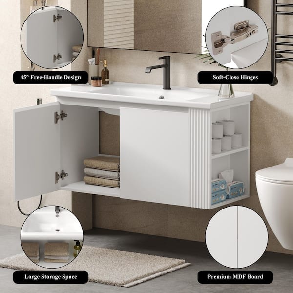 Ronan 36 in. Modern Wall Mounted Bathroom White Wood Cabinet Bath Vanity with Whhite Ceramic Top Sink, Shelves