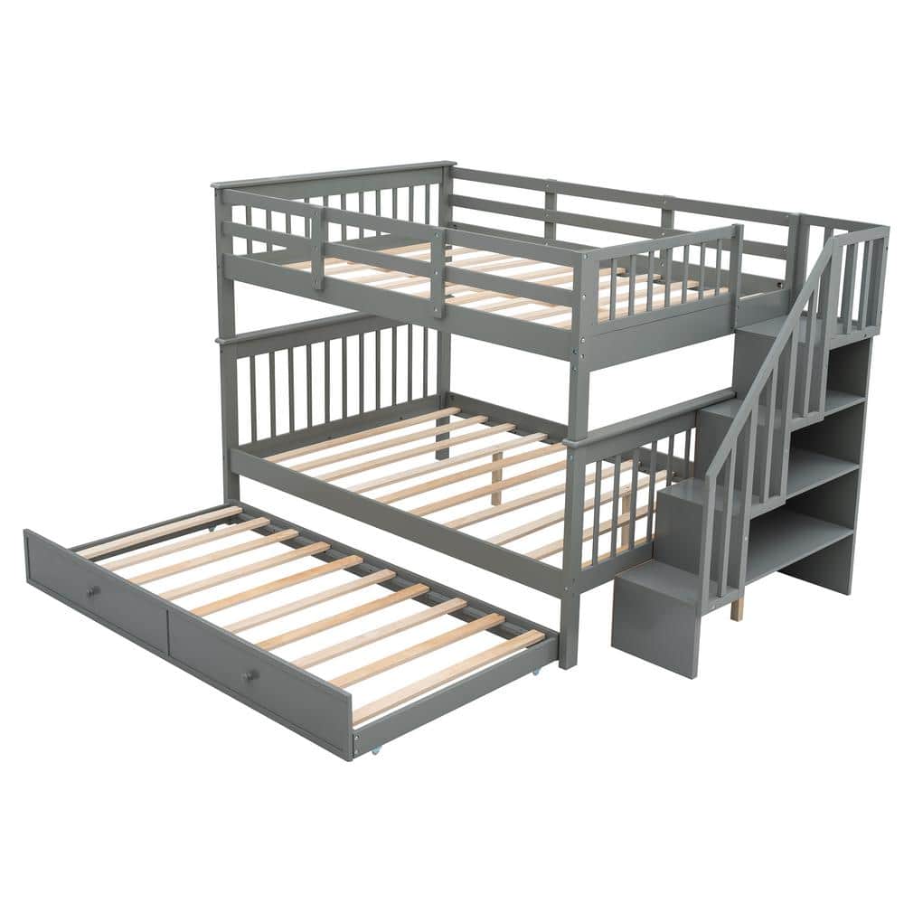 Gosalmon Gray Full Over Bunk Bed, Twin Over Stairway Storage Bunk Bed With Trundle