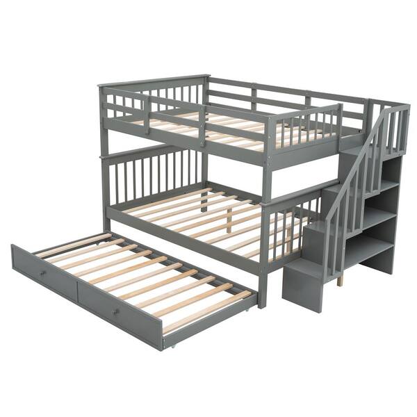 Gosalmon Gray Full Over Bunk Bed, Twin Over Full Bunk Bed With Trundle And Storage