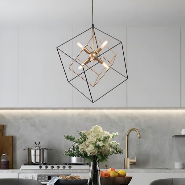Black Sputnik Candlestick Island Chandelier, Linear Square Modern Industrial 6-Light Gold Nested Cage Pendant Light