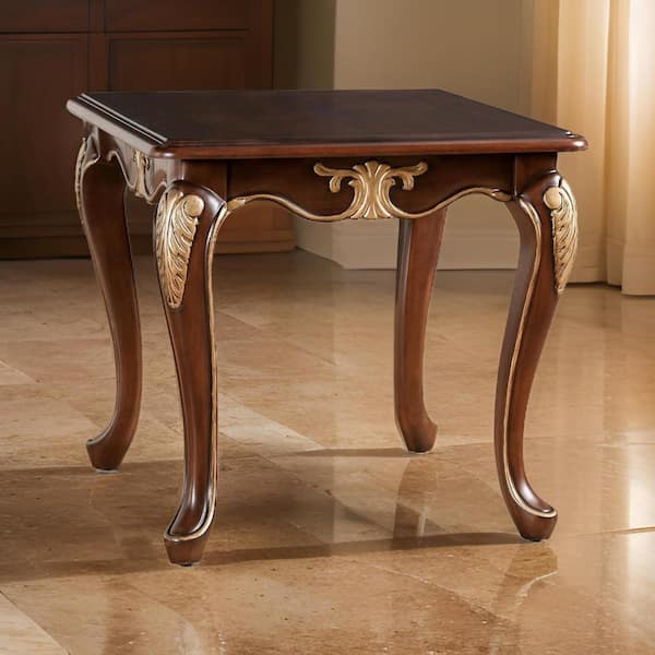 28.5 in. Tobacco Brown and Gold Square Wood Top End/Side Table with Cabriole Legs