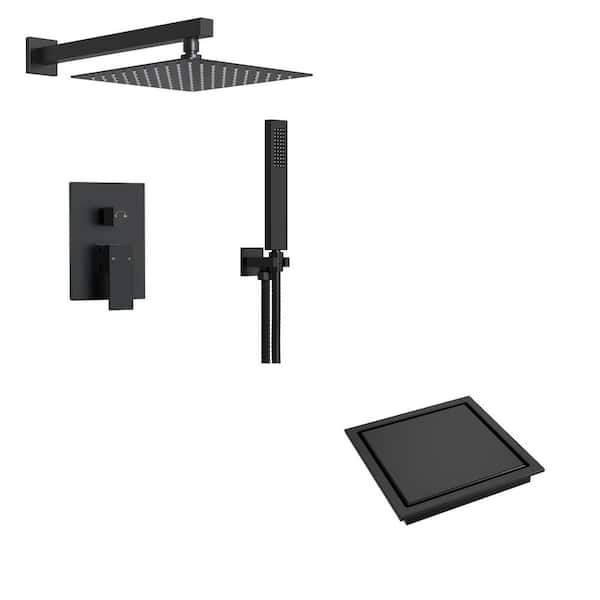 EVERSTEIN Single-Handle Rain 2-Spray Square 10 in. Shower Head Fixed and Handheld Shower Head in Matte Black with Shower Drain