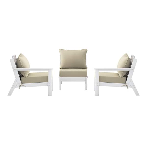 Birchwood White Arrangeable 3-Piece HDPE Deep Seating Outdoor Patio Conversation Sofa Arm Chair Set w/ Beige Cushions