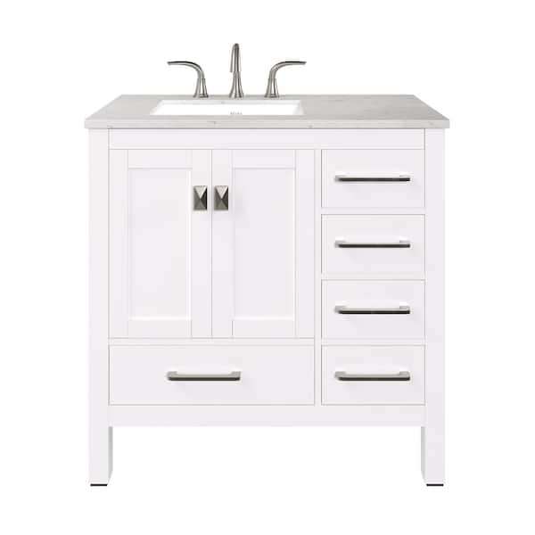 Aberdeen 36 in. Single Sink White Bath Vanity with White Carrara Quartz Top (Assembled)