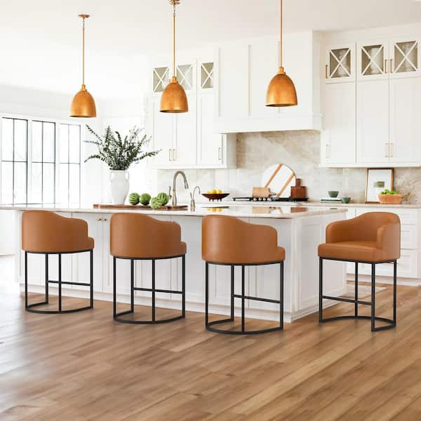 LUE BONA Crystal 26 in. YellowBrown Linen Fabric Upholstered Counter Stool Kitchen Island Bar Stool with Metal Frame Set of 4