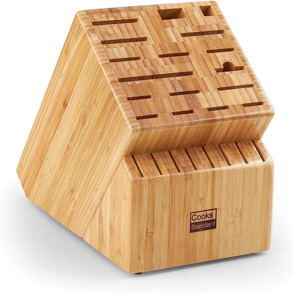 Bamboo Universal Knife Block - Knife Holder with 2 Built-In Knife  Sharpeners - 2-Tiered Modern Knife Storage Up to 16 Large and Small Knives  Easy