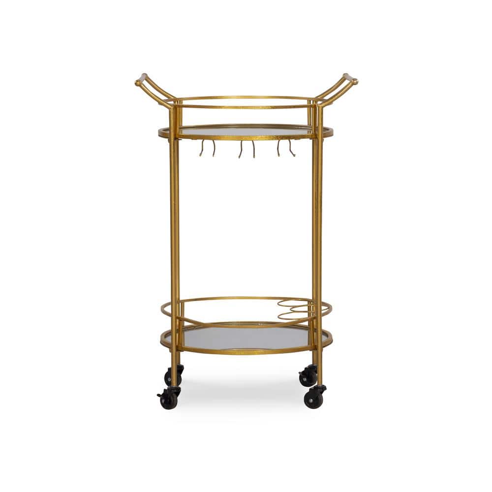Linon Home Decor Round Gold Metal Bar Cart with Mirrored Shelves and Locking Casters THD00525