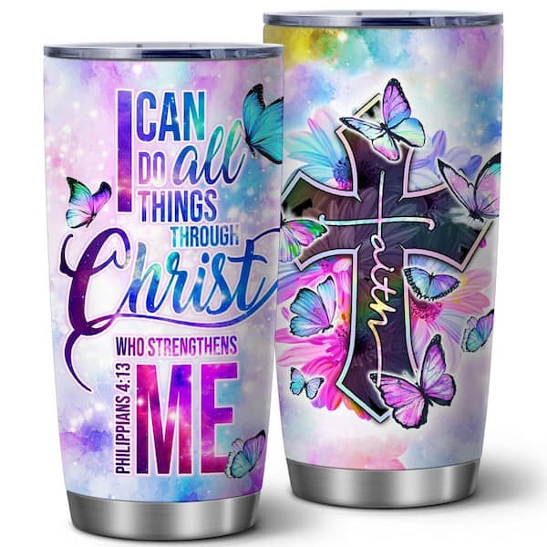 20 oz Christian Tumbler for Women with Lid, Philippians 4:13 Cross Bible Verse Travel Mug