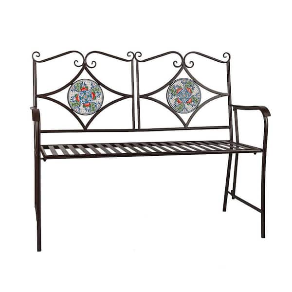 HOMEVIEW DESIGN INC 45.7 in. L Black Metal Foldable Bench with Colorful Mosaic Tile Design on Backrest, Modern Classic Style Bench