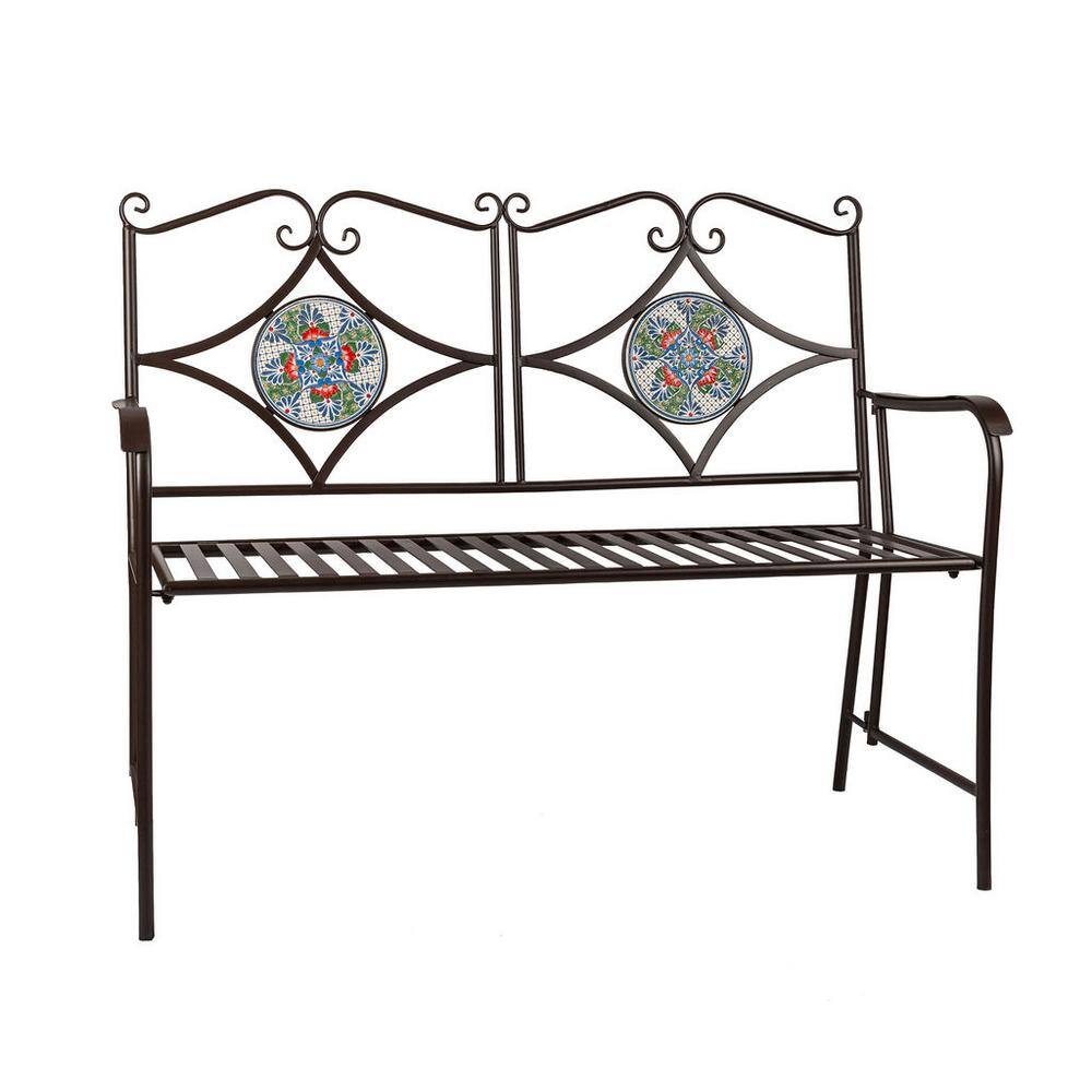 45.7 in. L Black Metal Foldable Bench with Colorful Mosaic Tile Design on B