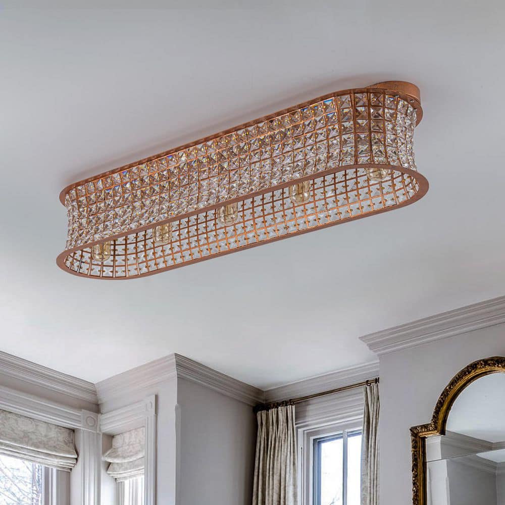 ZYZWMB 35 in. 5-Light Vintage Antique Brass Rectangle Crystal