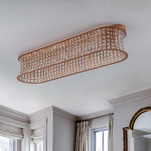 Elara 35 in. 5-Light Vintage Antique Brass Rectangle Crystal Flush Mount Ceiling Light Fixture