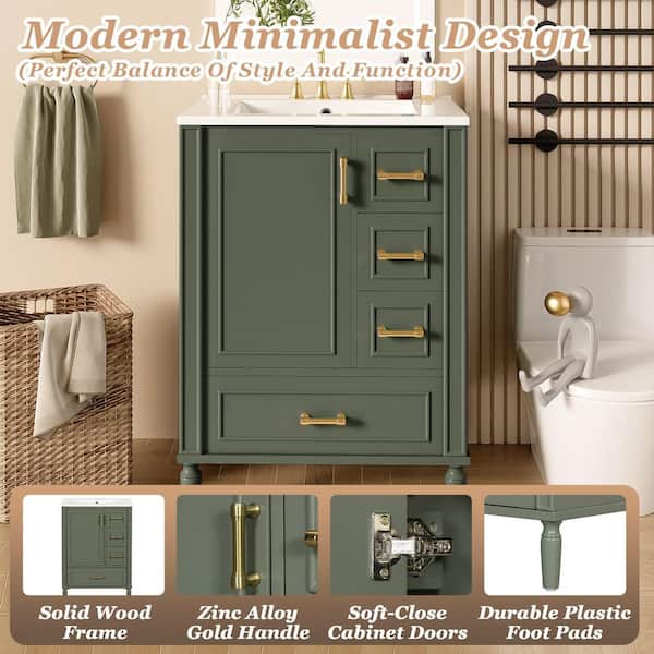 24 in. W Olive Green Bath Vanity with White Ceramic Top, 3-Drawers, Door-Mounted Rack