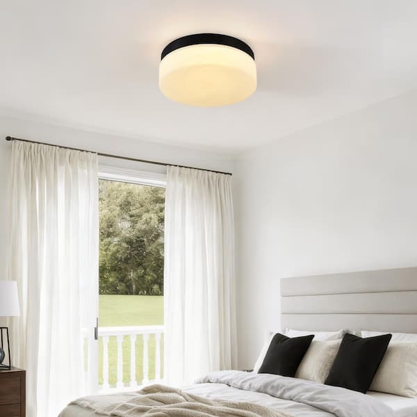 11.4 in. LED Black Flush Mount With Cloudy Glass Shade Dimmable Ceiling Lamp for Kitchen, Hallway, Stairwell