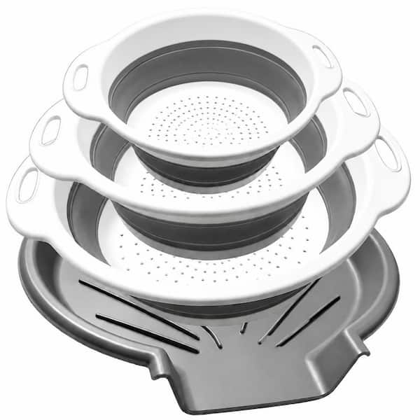 Collapsible Foldable PP and TPE Kitchen Colanders with Over-Sink Water Draining Tray, White-Gray, (Set of 3)