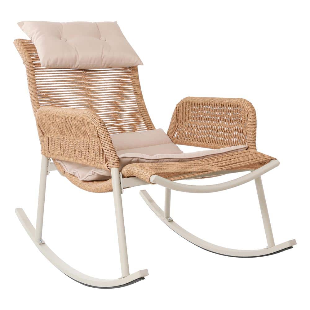 PATIOGUARDER Patio Beige Wicker Braided Style Outdoor Rocking Chair ...