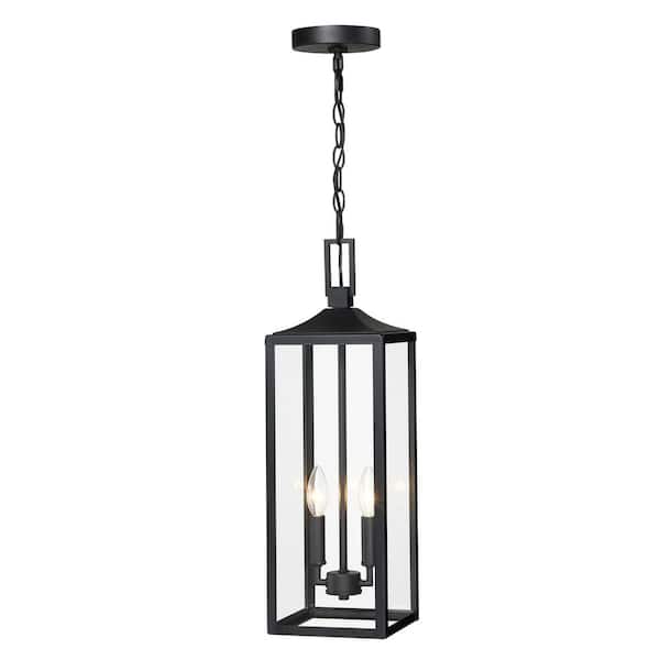 Hukoro 22.3 in. 2-light Matte Black Dimmable Outdoor Pendant Light with Clear Glass and No Bulbs Included