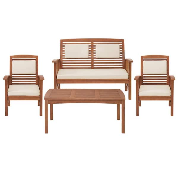 Pure Garden Lyndon 4-Piece Eucalyptus Wood Patio Conversation Set with 2-Seat Bench, Set of 2 Chairs and Cocktail Table
