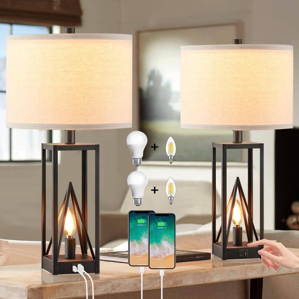 Black Metal 23.5'' Table Lamp Set with USB Ports and Night Light