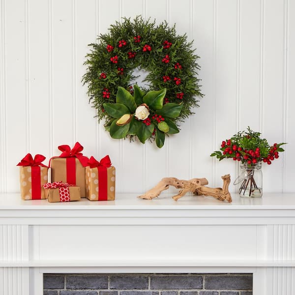 Nearly Natural 20 in. Cedar Antlers Lily and Ruscus with Berries Artificial  Wreath W1031 - The Home Depot