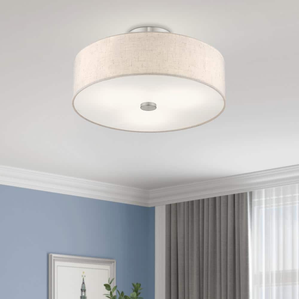 Meridian Brushed Nickel 3-Light Drum Ceiling Fixture with Oatmeal Shade