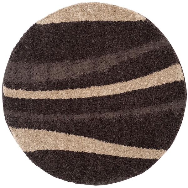 SAFAVIEH Florida Shag Dark Brown/Beige 5 ft. x 5 ft. Round Striped Area Rug