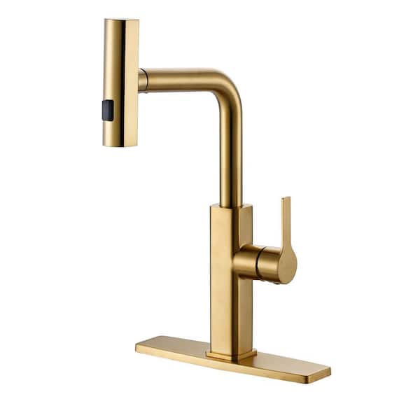 Waterfall 3-Mode Single Handle 14.8 in. H Kitchen Pull Down Faucet with Advanced Spray, Soap Dispenser in Gold