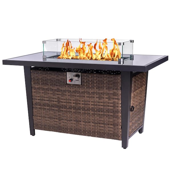 Cesicia 46 in. Brown Rectangular Rattan Propane Gas Fire Pit Table 50,000 BTU with Ceramic Tabletop and Water-Resistant Cover