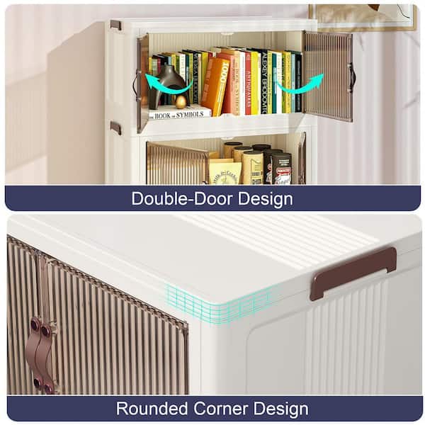 Stackable Storage Cabinet 5-Tier 66 in., Foldable Organizer with Magnetic Doors and Wheels, Toy Closet Organizer, White