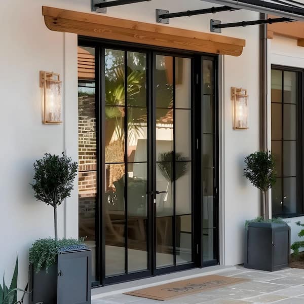 Modern Dark Gold Hardwired Wall Lantern Sconce with Textured Glass Shade and No Bulbs Included, Garden Light Porch Lamp