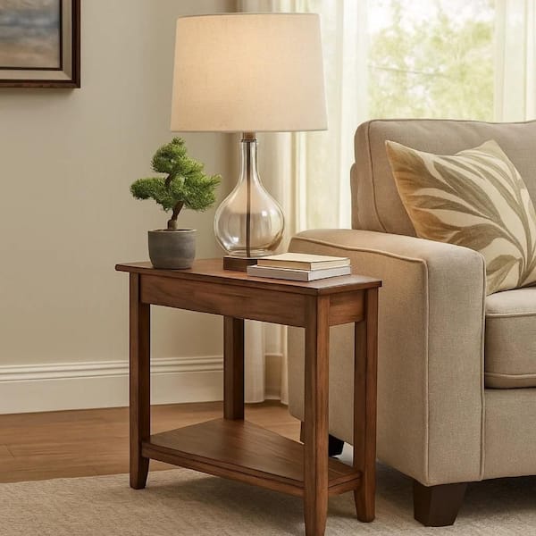 Yael 24 in. Natural Brown Rectangle Mahogany Wood Side End Table with Open Shelf