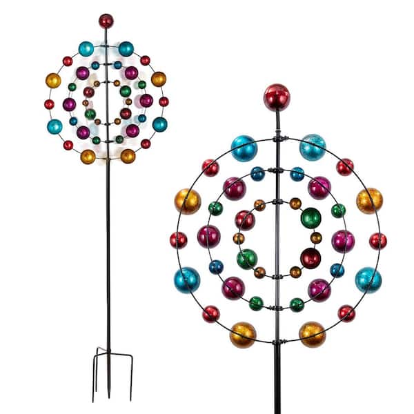 Alpine Corporation 88 in. Tall Outdoor Metal Kaleidoscopic Multi-Spinning Kinetic Garden Stake Decoration