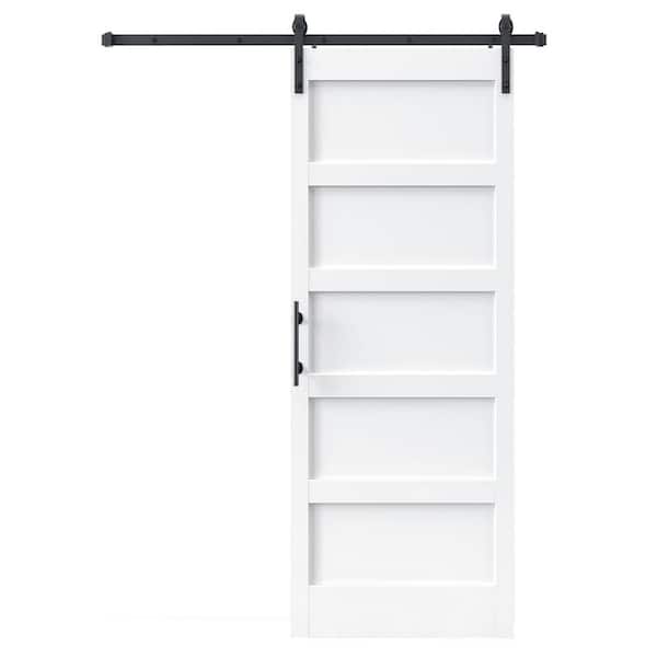 32 in. x 80 in. 5-Panel Solid MDF White Finished Interior Sliding Barn Door with Hardware Kit