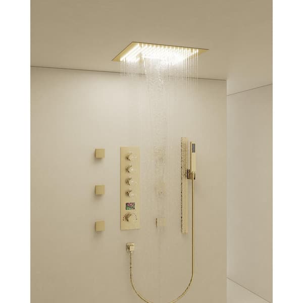 CRANACH Thermostatic LED 15-Spray 16 in. Dual Ceiling Mount Fixed and Handheld Shower Head 2.5 GPM with Valve in Brushed Gold