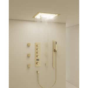Thermostatic LED 15-Spray 16 in. Dual Ceiling Mount Fixed and Handheld Shower Head 2.5 GPM with Valve in Brushed Gold