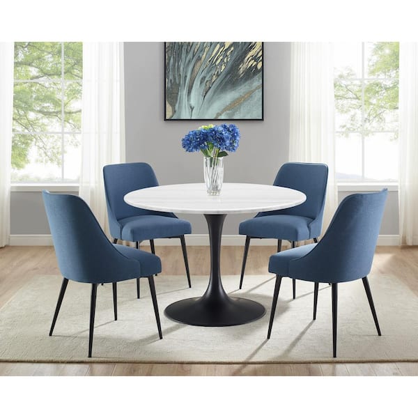 Steve Silver Colfax 45 in. Round White Marble Table with Black Pedestal Base and 4 Navy Upholstered Chairs