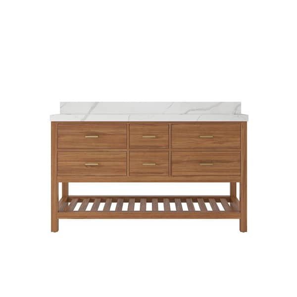 Willow Collections Parker Teak 60 in. W x 22 in. D x 36 in. H Double Sink Bath Vanity in Golden Teak with 2" Calacatta Laza Top