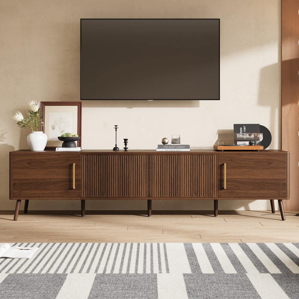78.7 in. Walnut Modern TV Stand with Fluted Doors, Push‑Open Hardware and Rubberwood Legs (Max TV Size 85 in.)
