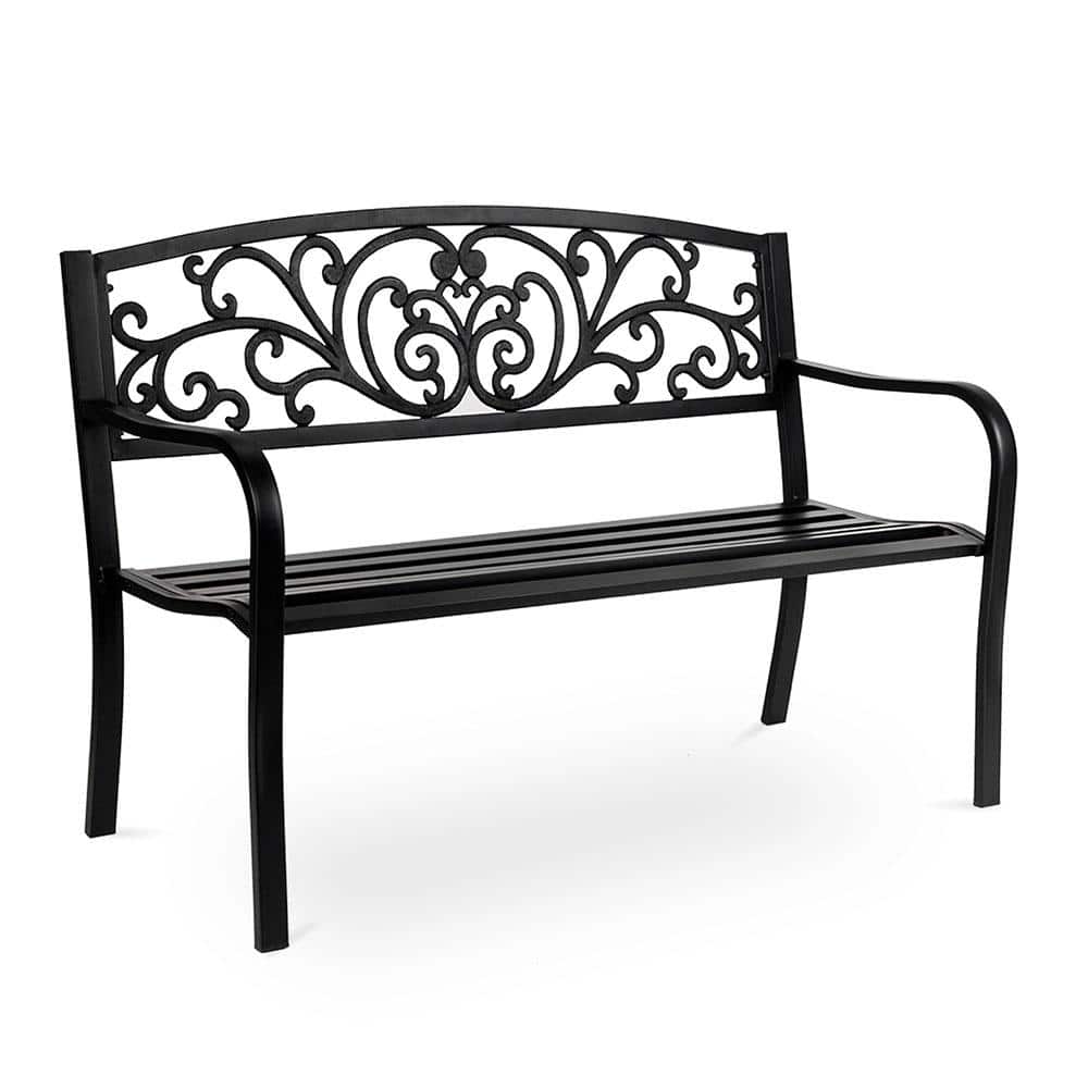 Black Powder Coated Steel Outdoor Bench with Cast Iron Backrest