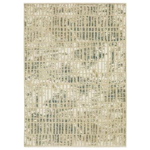 Ross Ivory/Blue 7 ft. x 10 ft. Geometric Distressed Polypropylene/Polyester Fringed Indoor Area Rug