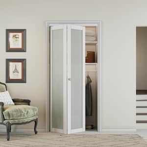 36 in. x 80 in. 1-Lite Frosted Glass Solid Core MDF White Finished Closet Bifold Door with Hardware