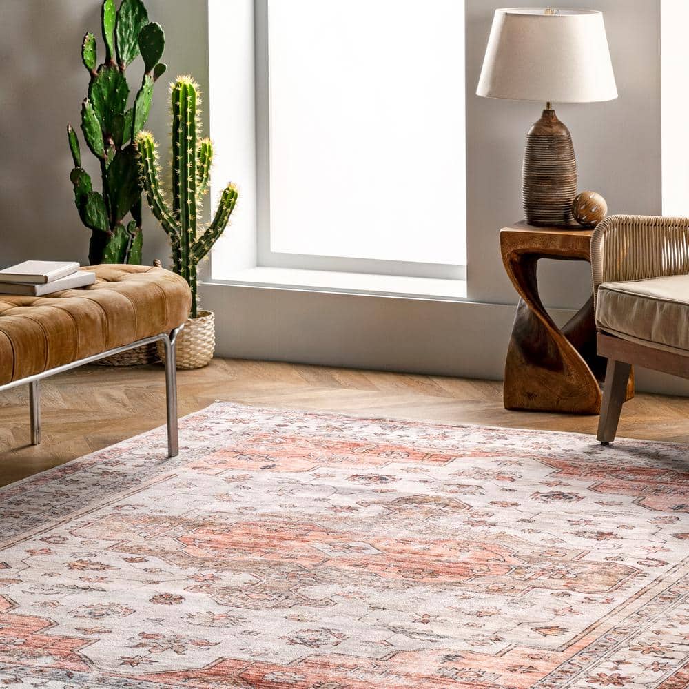 Beige and Coral Vintage Medallion Machine Washable Runner Rug
